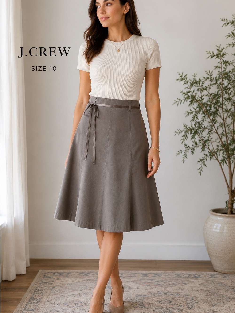 J. Crew Taupe A-Line Midi Skirt with Waist Tie